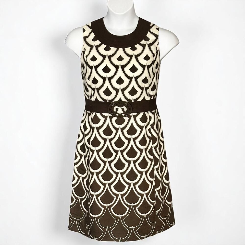 Vintage Talbots Sleeveless Linen Dress 12P Brown White Belted A Line Y2K Preppy